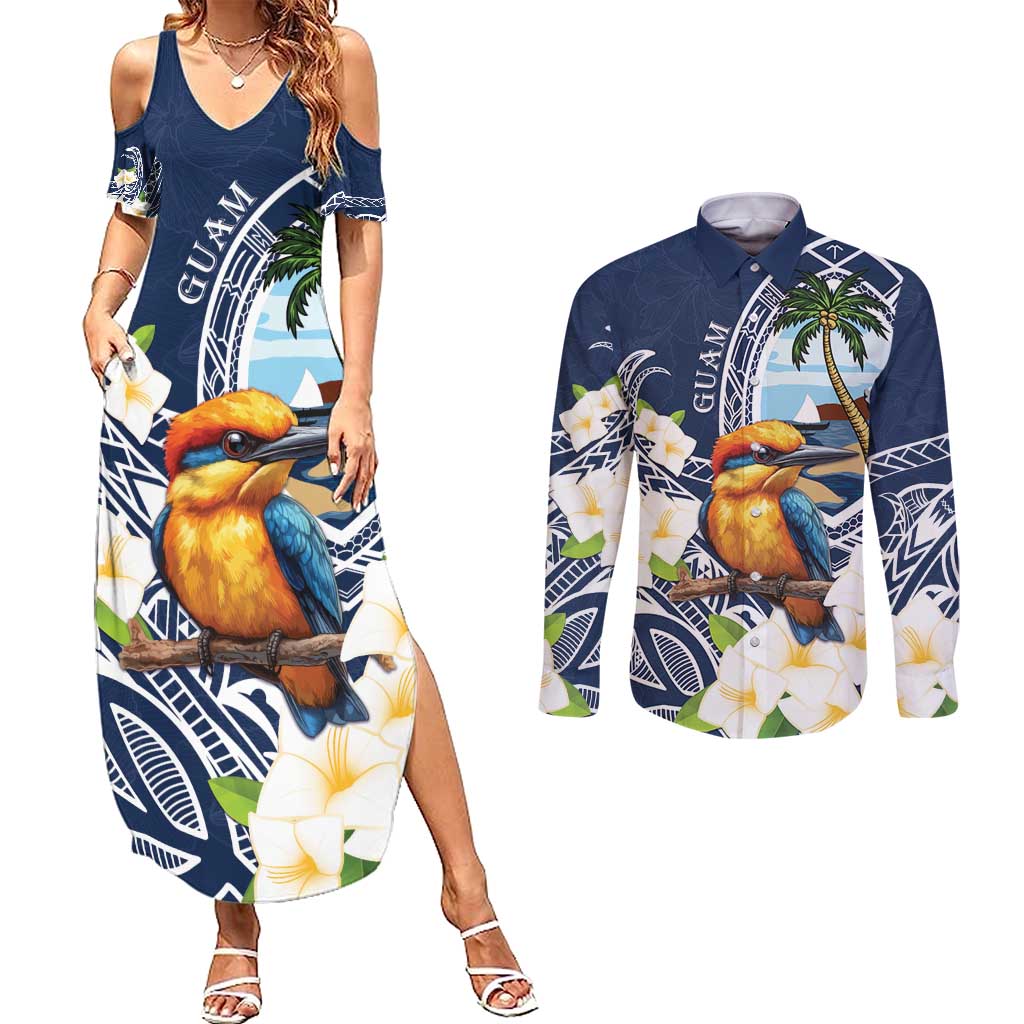 Hafa Adai Guam Couples Matching Summer Maxi Dress and Long Sleeve Button Shirt Sihek Guam Kingfisher with Guasali LT7 Navy Blue - Polynesian Pride