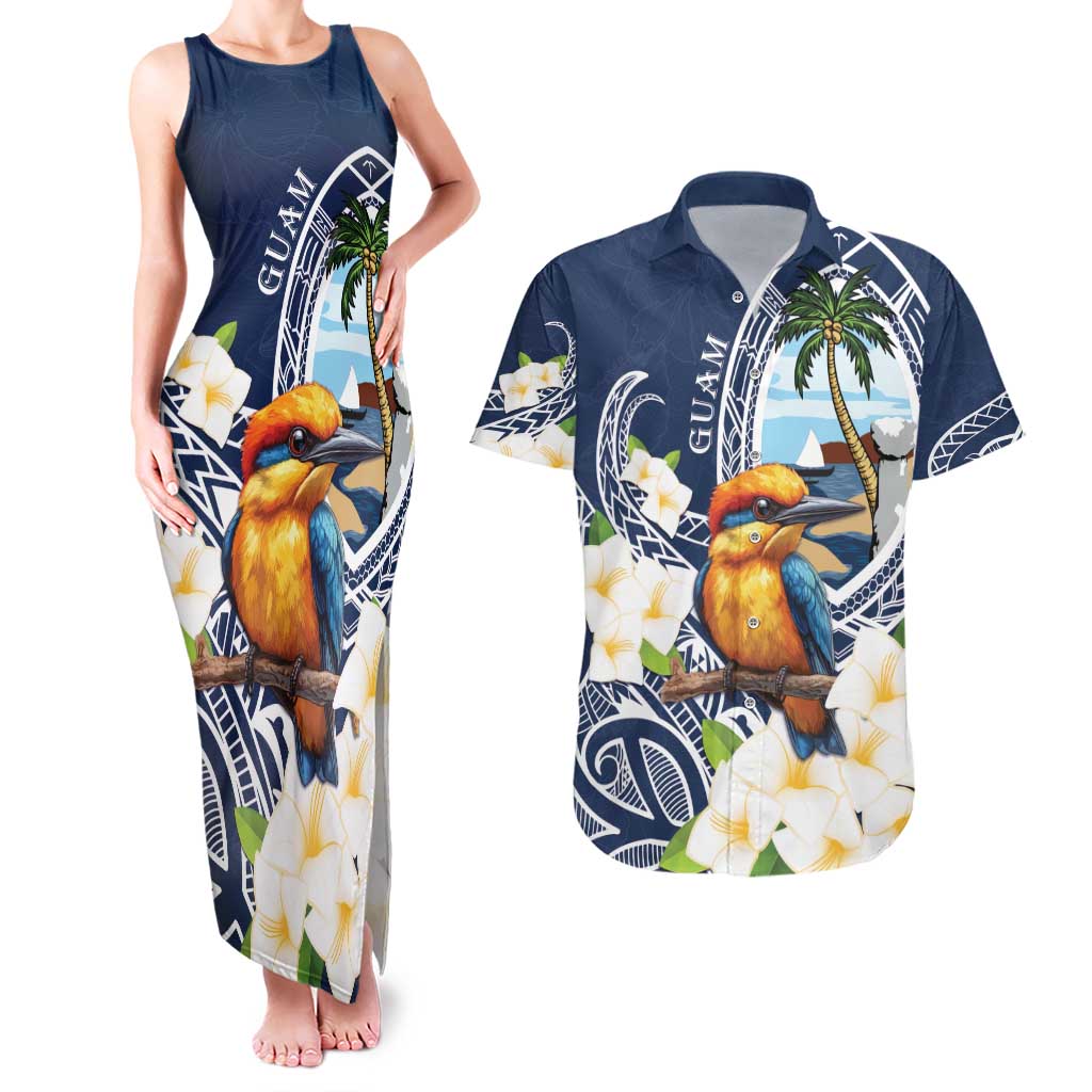Hafa Adai Guam Couples Matching Tank Maxi Dress and Hawaiian Shirt Sihek Guam Kingfisher with Guasali LT7 Navy Blue - Polynesian Pride