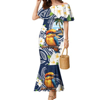 Hafa Adai Guam Family Matching Mermaid Dress and Hawaiian Shirt Sihek Guam Kingfisher with Guasali LT7 Mom's Dress Navy Blue - Polynesian Pride