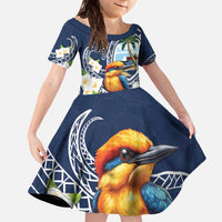 Hafa Adai Guam Family Matching Off The Shoulder Long Sleeve Dress and Hawaiian Shirt Sihek Guam Kingfisher with Guasali LT7 Daughter's Dress Navy Blue - Polynesian Pride