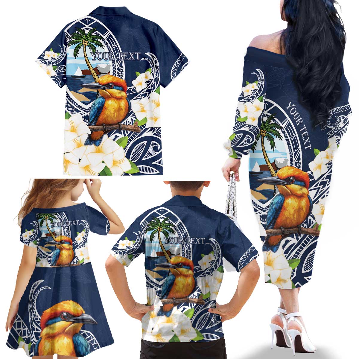 Hafa Adai Guam Family Matching Off The Shoulder Long Sleeve Dress and Hawaiian Shirt Sihek Guam Kingfisher with Guasali LT7 - Polynesian Pride