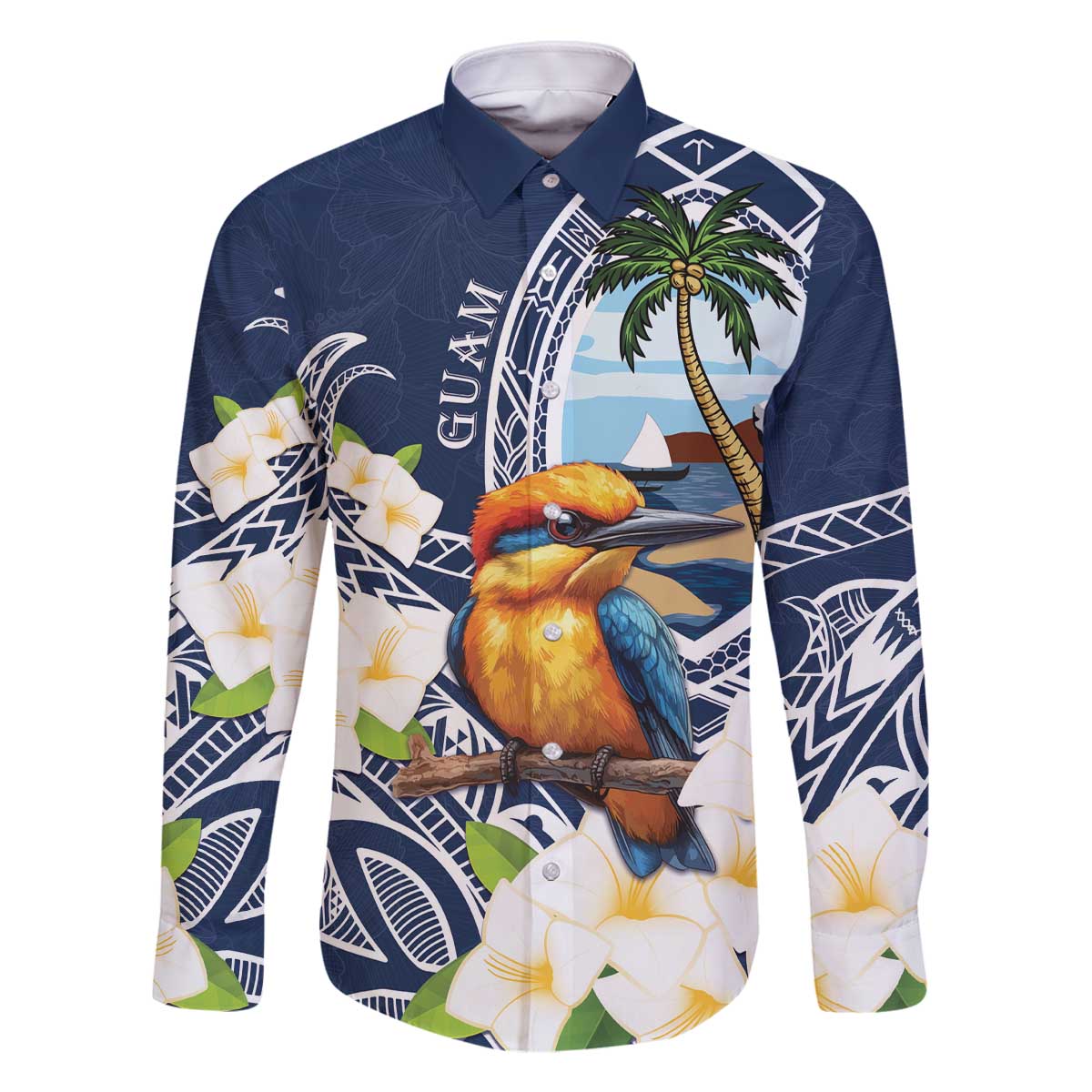 Hafa Adai Guam Family Matching Off The Shoulder Long Sleeve Dress and Hawaiian Shirt Sihek Guam Kingfisher with Guasali LT7 Dad's Shirt - Long Sleeve Navy Blue - Polynesian Pride