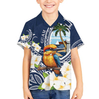 Hafa Adai Guam Family Matching Off The Shoulder Long Sleeve Dress and Hawaiian Shirt Sihek Guam Kingfisher with Guasali LT7 Son's Shirt Navy Blue - Polynesian Pride