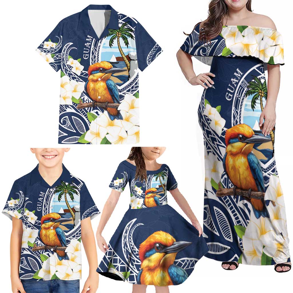 Hafa Adai Guam Family Matching Off Shoulder Maxi Dress and Hawaiian Shirt Sihek Guam Kingfisher with Guasali LT7 - Polynesian Pride