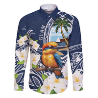 Hafa Adai Guam Family Matching Off Shoulder Maxi Dress and Hawaiian Shirt Sihek Guam Kingfisher with Guasali LT7 Dad's Shirt - Long Sleeve Navy Blue - Polynesian Pride