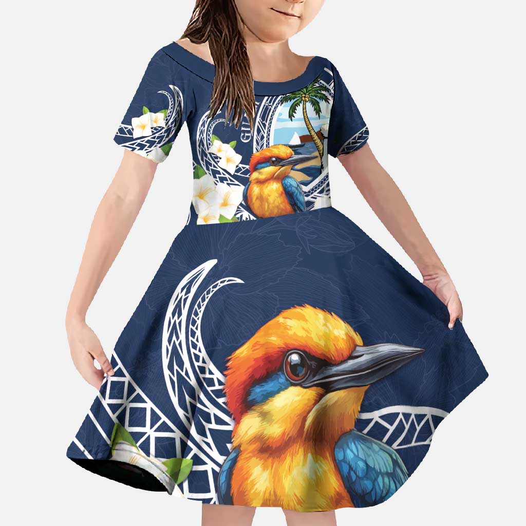 Hafa Adai Guam Family Matching Short Sleeve Bodycon Dress and Hawaiian Shirt Sihek Guam Kingfisher with Guasali LT7 Daughter's Dress Navy Blue - Polynesian Pride