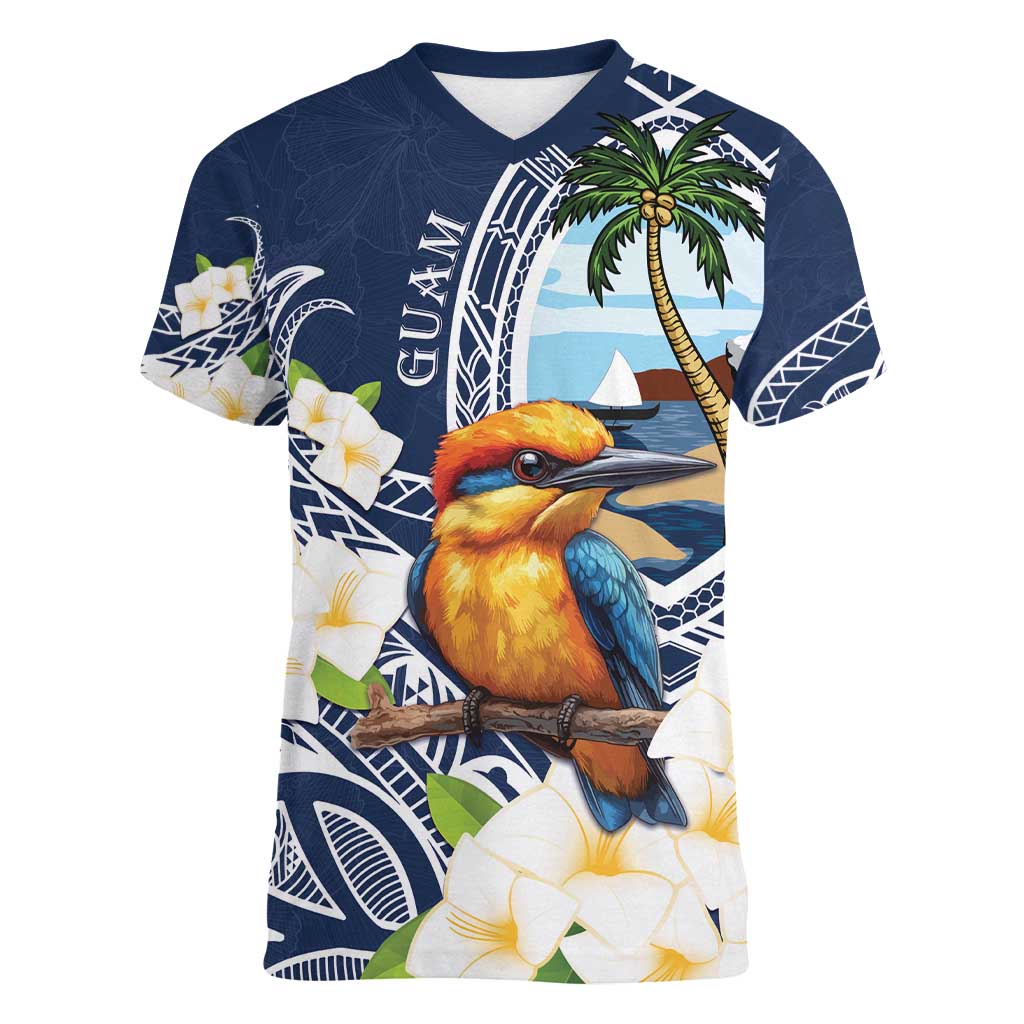 Hafa Adai Guam Women V-Neck T-Shirt Sihek Guam Kingfisher with Guasali LT7 Female Navy Blue - Polynesian Pride
