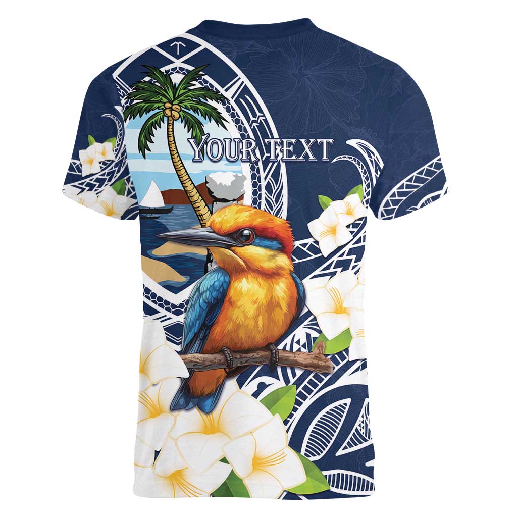 Hafa Adai Guam Women V-Neck T-Shirt Sihek Guam Kingfisher with Guasali LT7 - Polynesian Pride