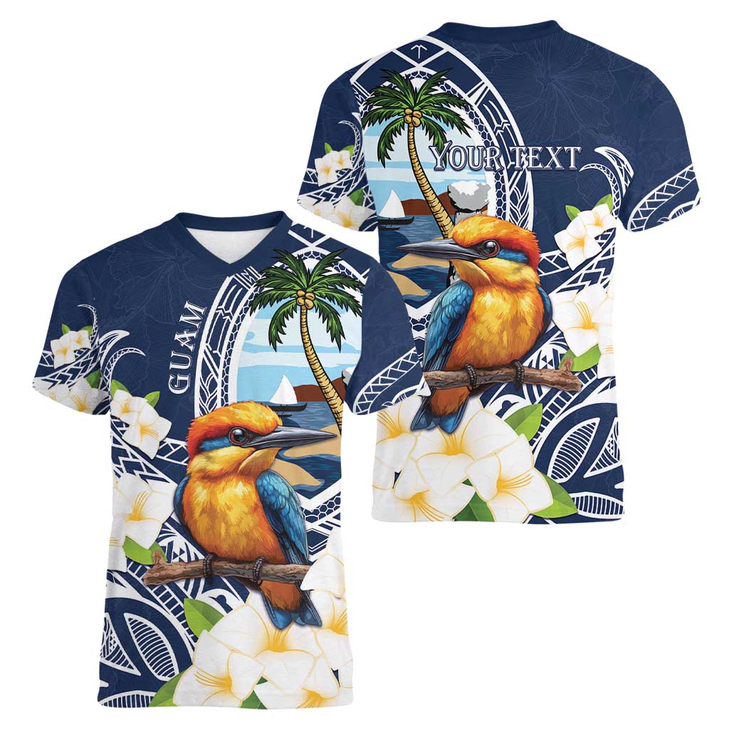 Hafa Adai Guam Women V-Neck T-Shirt Sihek Guam Kingfisher with Guasali LT7 - Polynesian Pride