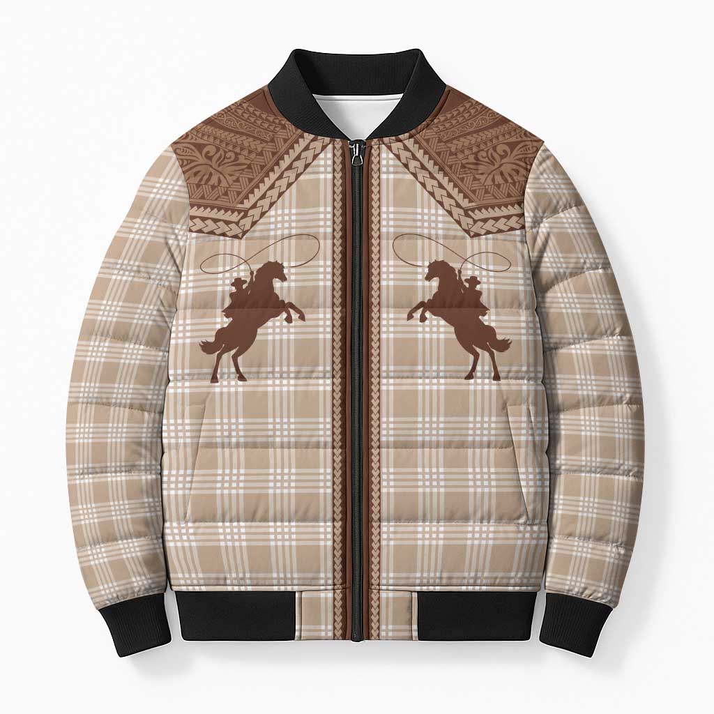 Aloha Hawaii Cowboys Paniolo Bomber Puffer Jacket Beige Palaka - Polynesian Pride