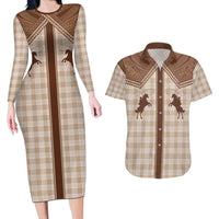 Aloha Hawaii Cowboys Paniolo Couples Matching Long Sleeve Bodycon Dress and Hawaiian Shirt Beige Palaka LT7 Beige - Polynesian Pride
