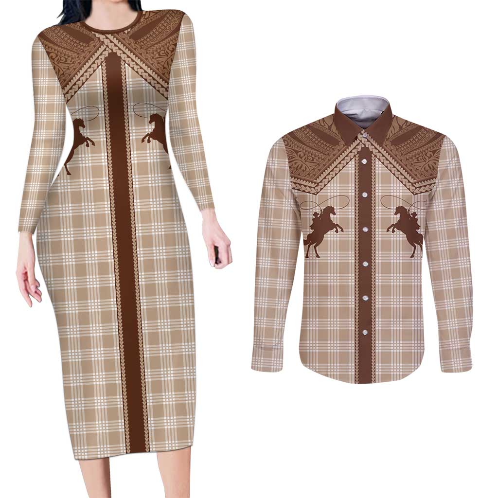 Aloha Hawaii Cowboys Paniolo Couples Matching Long Sleeve Bodycon Dress and Long Sleeve Button Shirt Beige Palaka LT7 Beige - Polynesian Pride