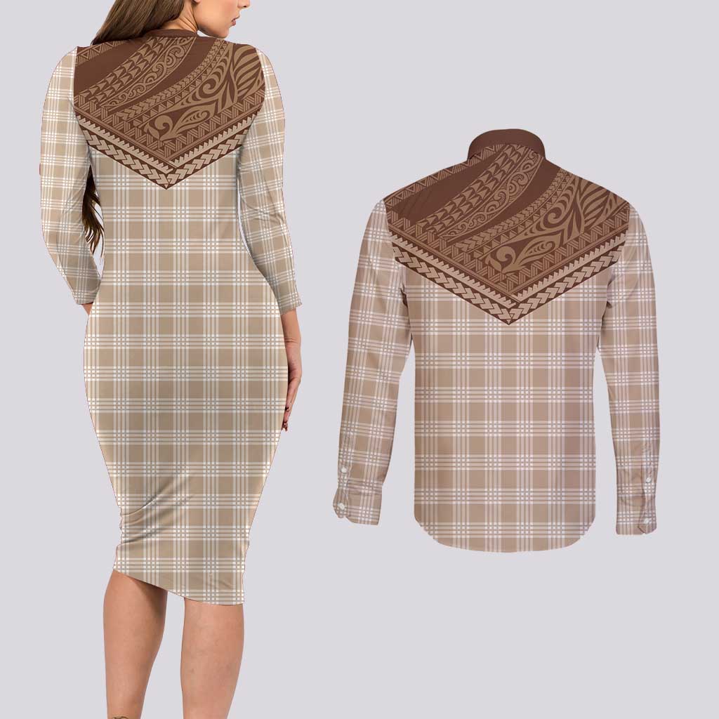 Aloha Hawaii Cowboys Paniolo Couples Matching Long Sleeve Bodycon Dress and Long Sleeve Button Shirt Beige Palaka LT7 - Polynesian Pride