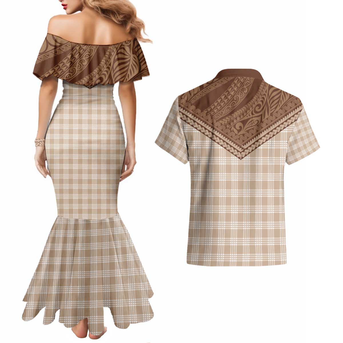 Aloha Hawaii Cowboys Paniolo Couples Matching Mermaid Dress and Hawaiian Shirt Beige Palaka LT7 - Polynesian Pride