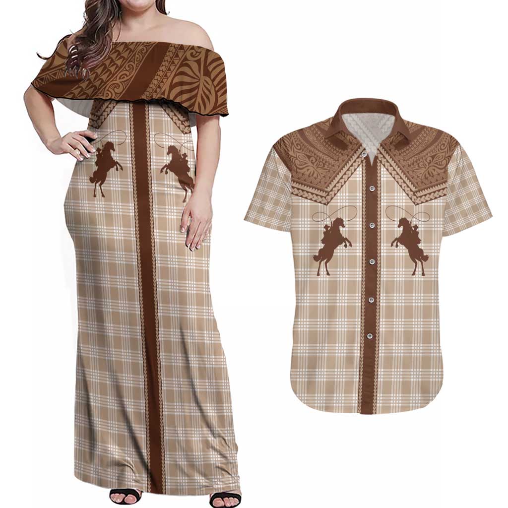 Aloha Hawaii Cowboys Paniolo Couples Matching Off Shoulder Maxi Dress and Hawaiian Shirt Beige Palaka LT7 Beige - Polynesian Pride