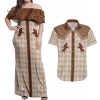 Aloha Hawaii Cowboys Paniolo Couples Matching Off Shoulder Maxi Dress and Hawaiian Shirt Beige Palaka LT7 Beige - Polynesian Pride