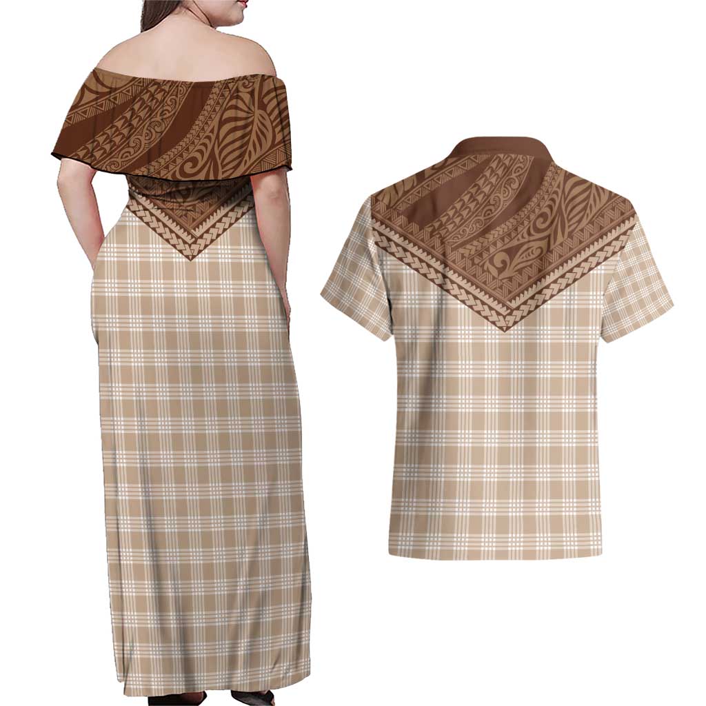 Aloha Hawaii Cowboys Paniolo Couples Matching Off Shoulder Maxi Dress and Hawaiian Shirt Beige Palaka LT7 - Polynesian Pride
