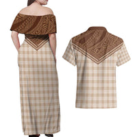 Aloha Hawaii Cowboys Paniolo Couples Matching Off Shoulder Maxi Dress and Hawaiian Shirt Beige Palaka LT7 - Polynesian Pride