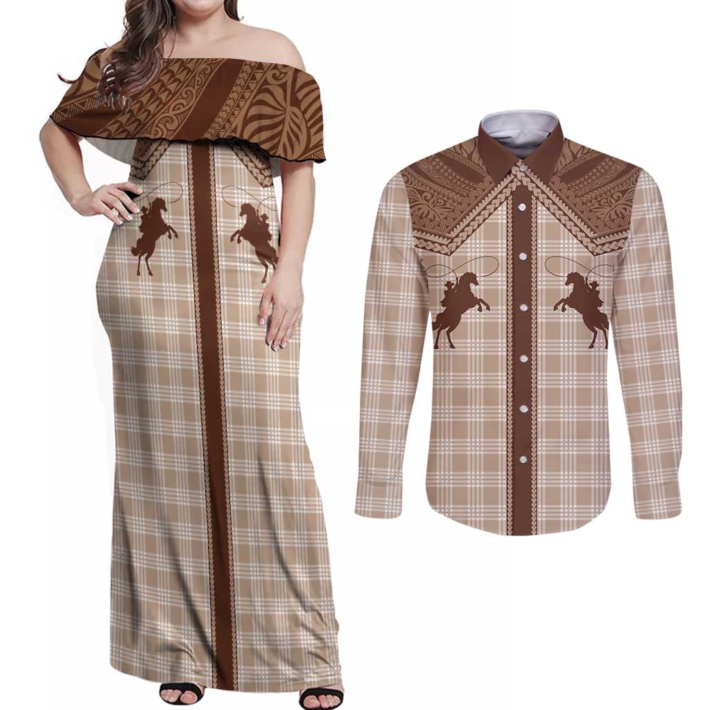 Aloha Hawaii Cowboys Paniolo Couples Matching Off Shoulder Maxi Dress and Long Sleeve Button Shirt Beige Palaka LT7 Beige - Polynesian Pride