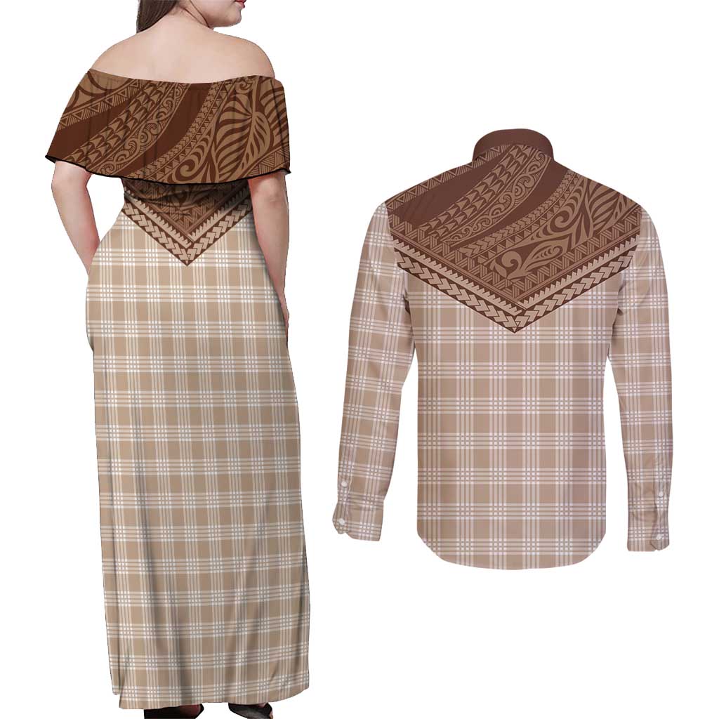 Aloha Hawaii Cowboys Paniolo Couples Matching Off Shoulder Maxi Dress and Long Sleeve Button Shirt Beige Palaka LT7 - Polynesian Pride