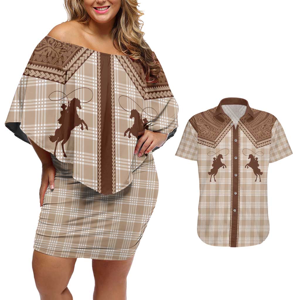 Aloha Hawaii Cowboys Paniolo Couples Matching Off Shoulder Short Dress and Hawaiian Shirt Beige Palaka LT7 Beige - Polynesian Pride