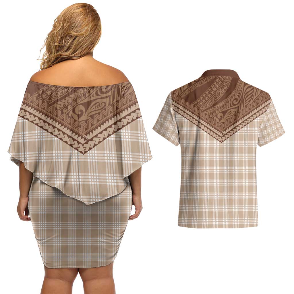 Aloha Hawaii Cowboys Paniolo Couples Matching Off Shoulder Short Dress and Hawaiian Shirt Beige Palaka LT7 - Polynesian Pride