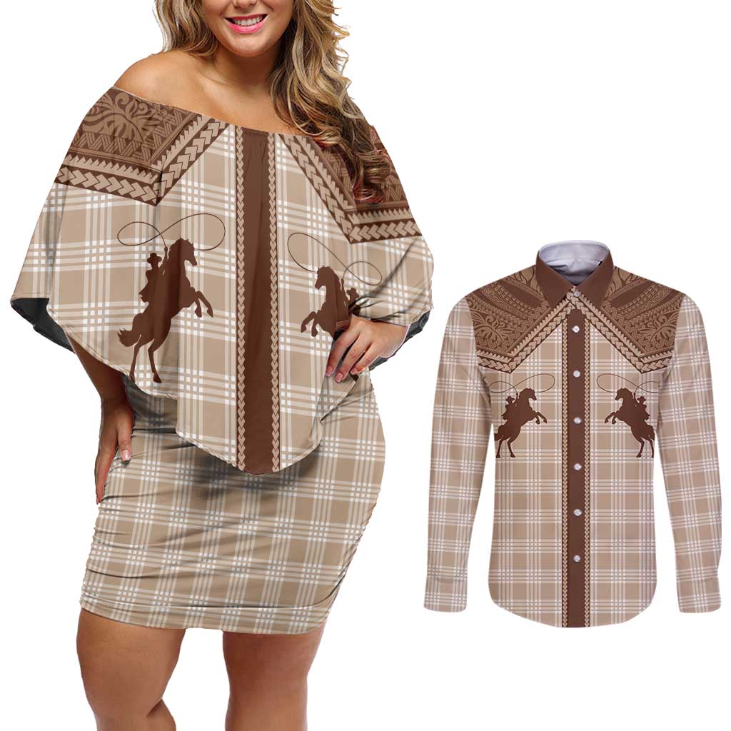Aloha Hawaii Cowboys Paniolo Couples Matching Off Shoulder Short Dress and Long Sleeve Button Shirt Beige Palaka LT7 Beige - Polynesian Pride