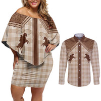 Aloha Hawaii Cowboys Paniolo Couples Matching Off Shoulder Short Dress and Long Sleeve Button Shirt Beige Palaka LT7 Beige - Polynesian Pride