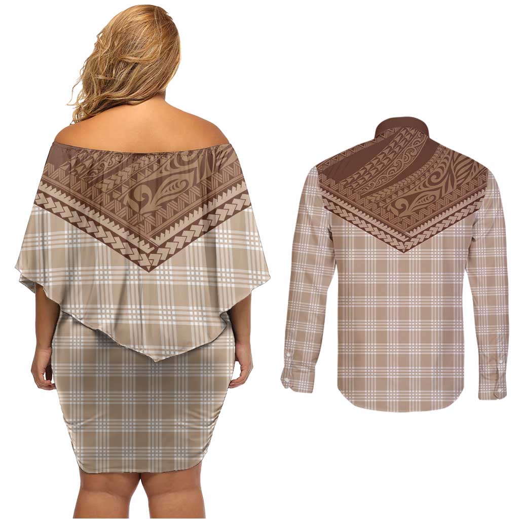Aloha Hawaii Cowboys Paniolo Couples Matching Off Shoulder Short Dress and Long Sleeve Button Shirt Beige Palaka LT7 - Polynesian Pride