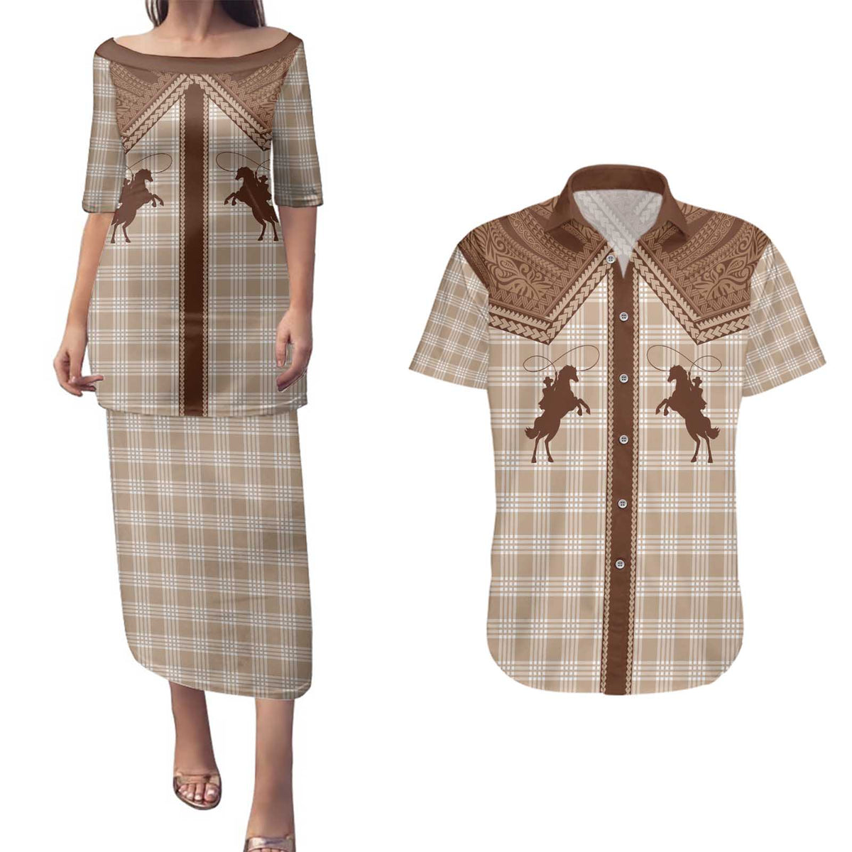 Aloha Hawaii Cowboys Paniolo Couples Matching Puletasi and Hawaiian Shirt Beige Palaka LT7 Beige - Polynesian Pride