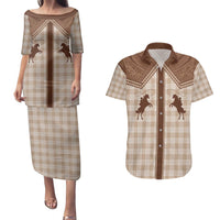 Aloha Hawaii Cowboys Paniolo Couples Matching Puletasi and Hawaiian Shirt Beige Palaka LT7 Beige - Polynesian Pride