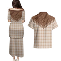 Aloha Hawaii Cowboys Paniolo Couples Matching Puletasi and Hawaiian Shirt Beige Palaka LT7 - Polynesian Pride