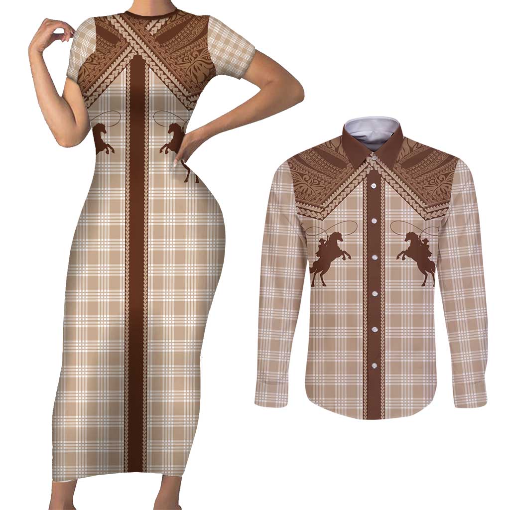 Aloha Hawaii Cowboys Paniolo Couples Matching Short Sleeve Bodycon Dress and Long Sleeve Button Shirt Beige Palaka LT7 Beige - Polynesian Pride