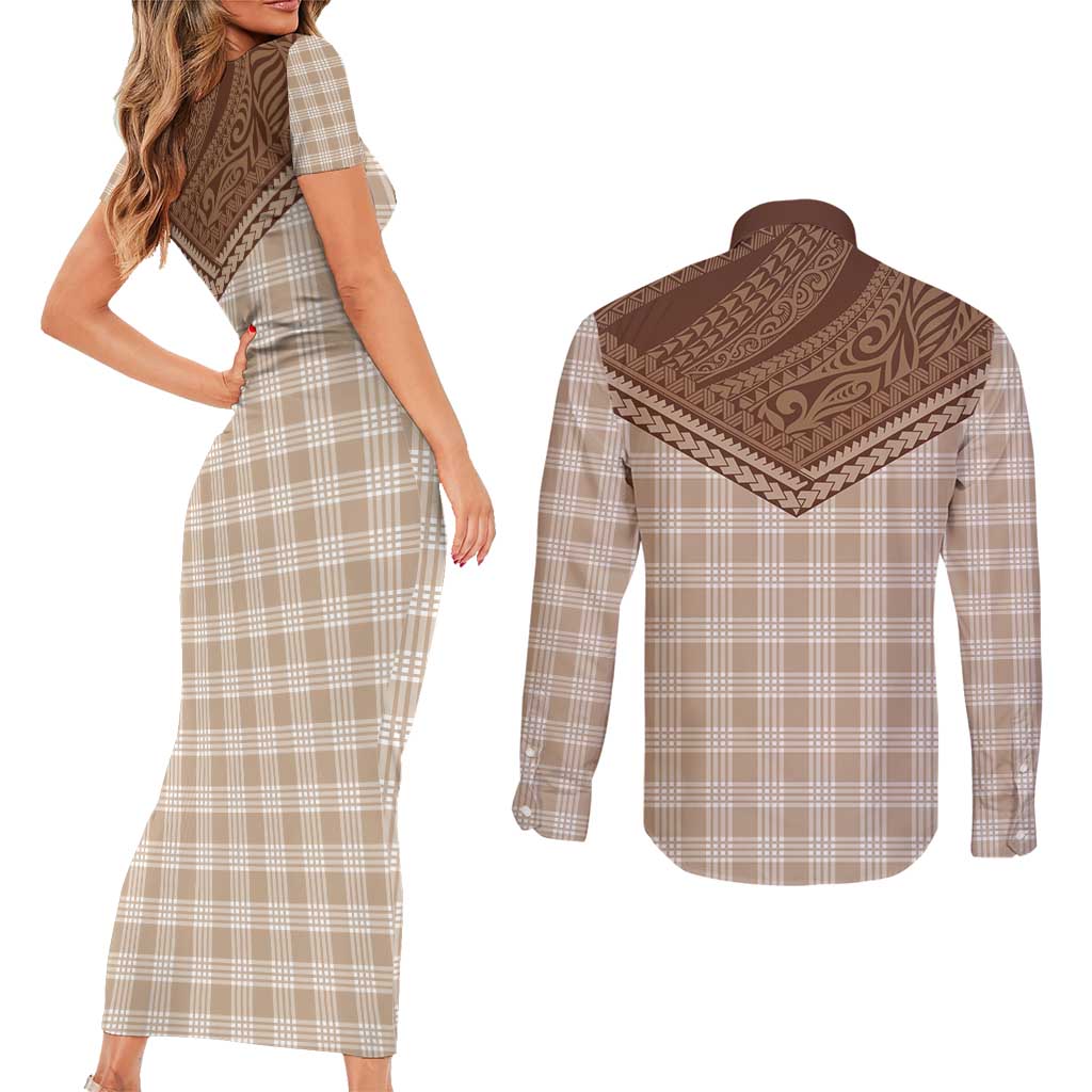 Aloha Hawaii Cowboys Paniolo Couples Matching Short Sleeve Bodycon Dress and Long Sleeve Button Shirt Beige Palaka LT7 - Polynesian Pride