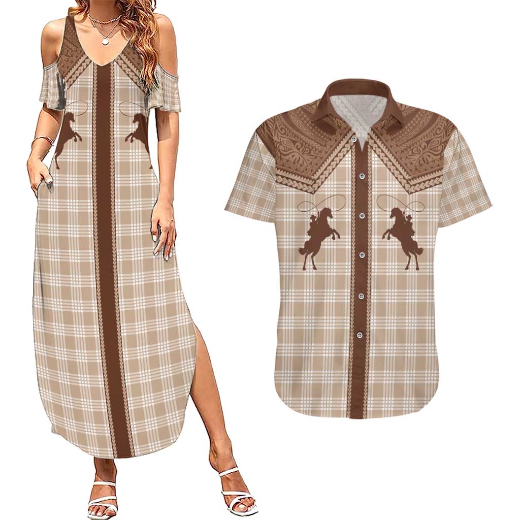 Aloha Hawaii Cowboys Paniolo Couples Matching Summer Maxi Dress and Hawaiian Shirt Beige Palaka LT7 Beige - Polynesian Pride
