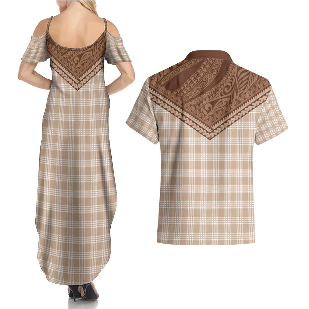 Aloha Hawaii Cowboys Paniolo Couples Matching Summer Maxi Dress and Hawaiian Shirt Beige Palaka LT7 - Polynesian Pride