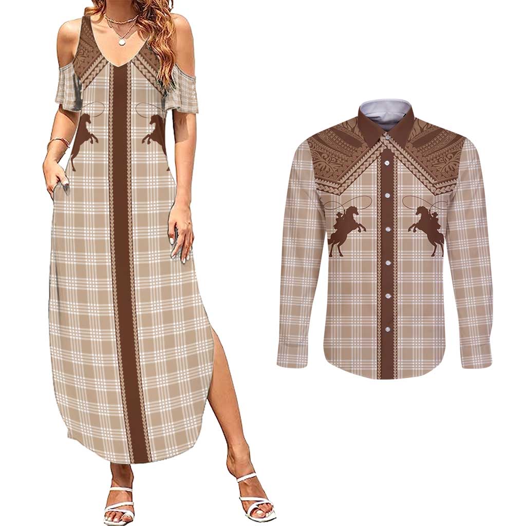 Aloha Hawaii Cowboys Paniolo Couples Matching Summer Maxi Dress and Long Sleeve Button Shirt Beige Palaka LT7 Beige - Polynesian Pride