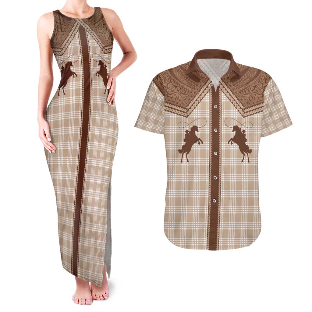 Aloha Hawaii Cowboys Paniolo Couples Matching Tank Maxi Dress and Hawaiian Shirt Beige Palaka LT7 Beige - Polynesian Pride