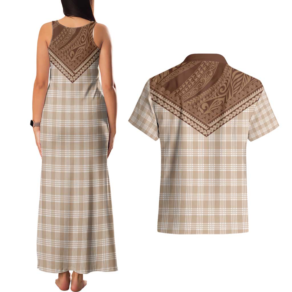 Aloha Hawaii Cowboys Paniolo Couples Matching Tank Maxi Dress and Hawaiian Shirt Beige Palaka LT7 - Polynesian Pride