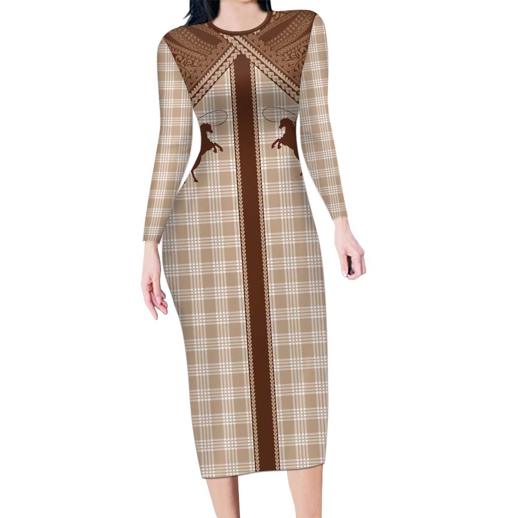Aloha Hawaii Cowboys Paniolo Family Matching Long Sleeve Bodycon Dress and Hawaiian Shirt Beige Palaka LT7 Mom's Dress Beige - Polynesian Pride