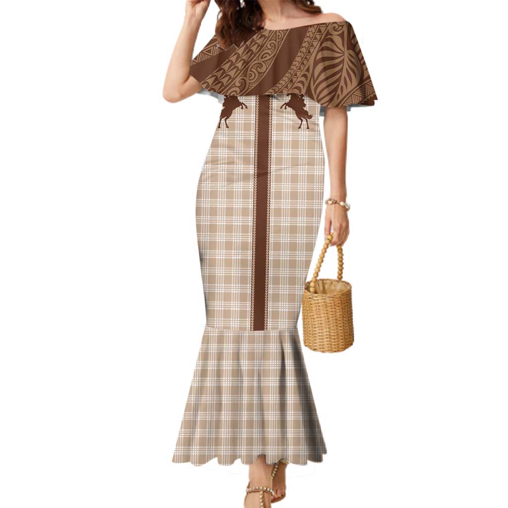 Aloha Hawaii Cowboys Paniolo Family Matching Mermaid Dress and Hawaiian Shirt Beige Palaka LT7 Mom's Dress Beige - Polynesian Pride