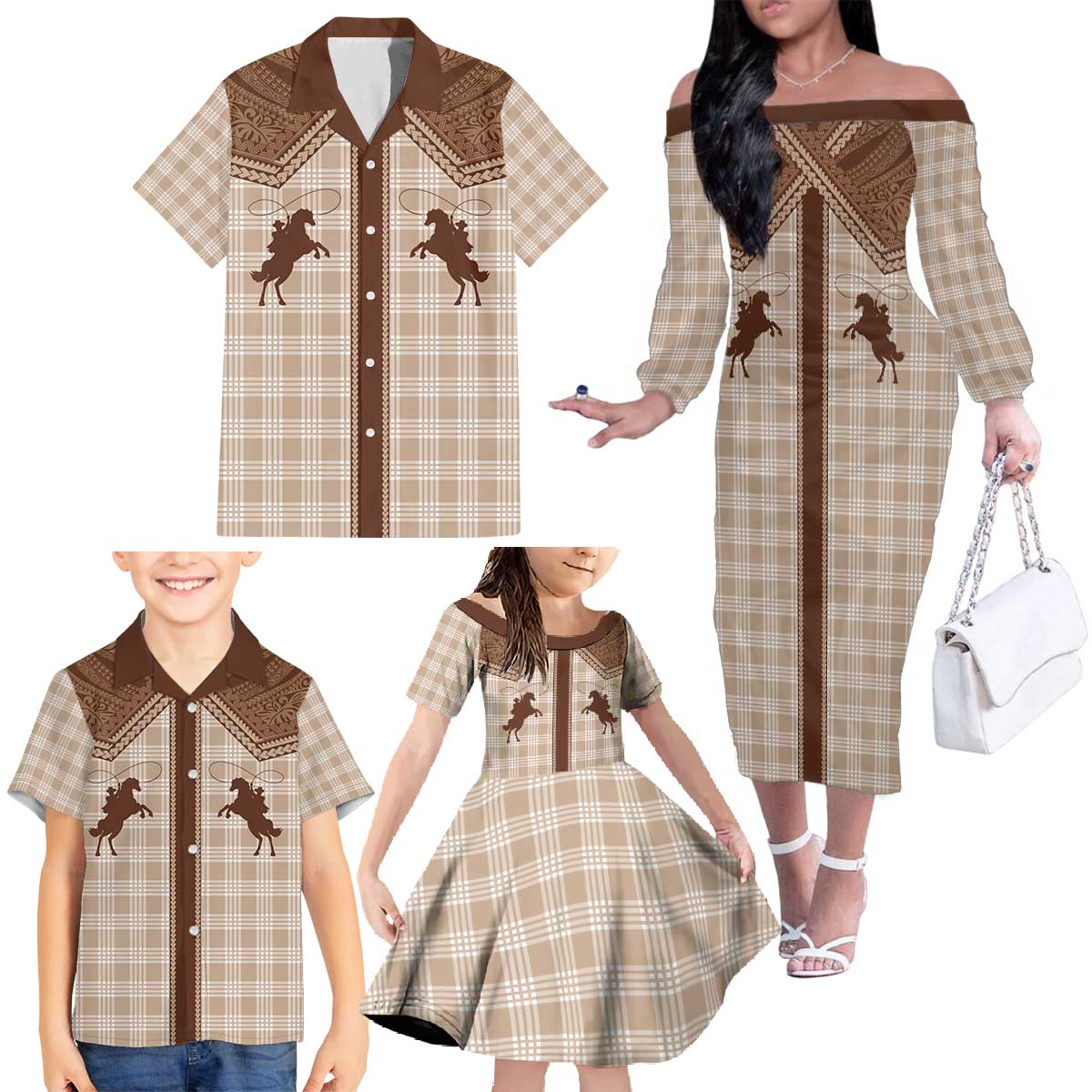 Aloha Hawaii Cowboys Paniolo Family Matching Off The Shoulder Long Sleeve Dress and Hawaiian Shirt Beige Palaka LT7 - Polynesian Pride