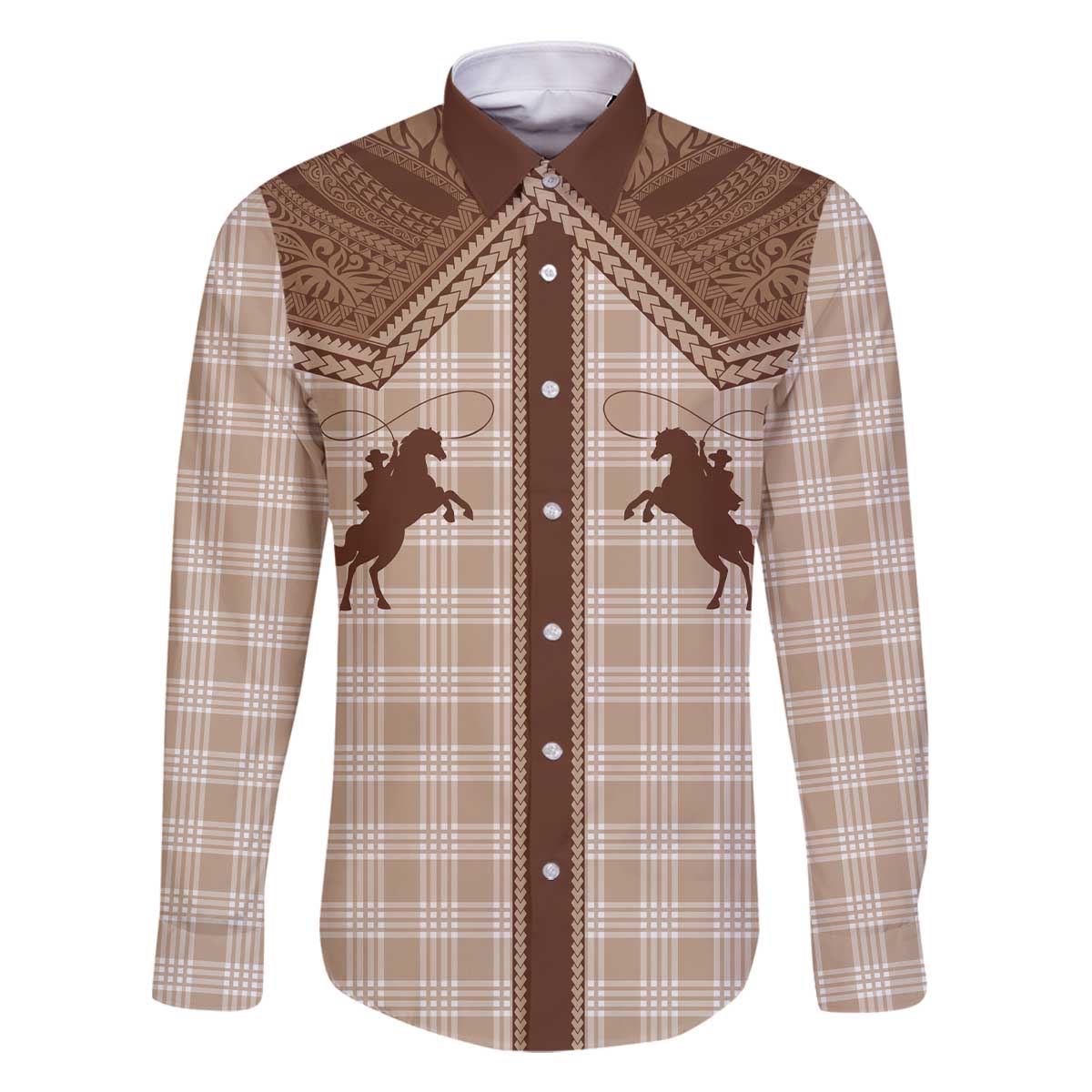 Aloha Hawaii Cowboys Paniolo Family Matching Off The Shoulder Long Sleeve Dress and Hawaiian Shirt Beige Palaka LT7 Dad's Shirt - Long Sleeve Beige - Polynesian Pride