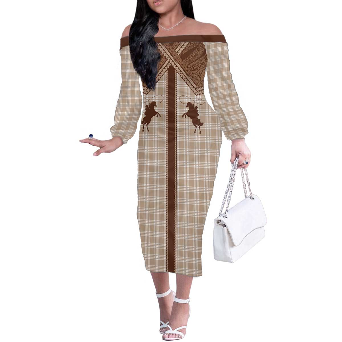 Aloha Hawaii Cowboys Paniolo Family Matching Off The Shoulder Long Sleeve Dress and Hawaiian Shirt Beige Palaka LT7 Mom's Dress Beige - Polynesian Pride