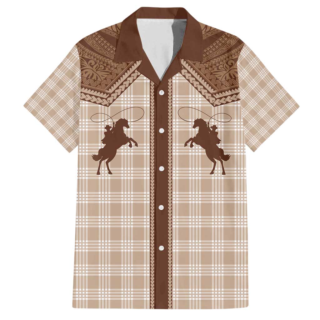 Aloha Hawaii Cowboys Paniolo Family Matching Off Shoulder Maxi Dress and Hawaiian Shirt Beige Palaka LT7 Dad's Shirt - Short Sleeve Beige - Polynesian Pride