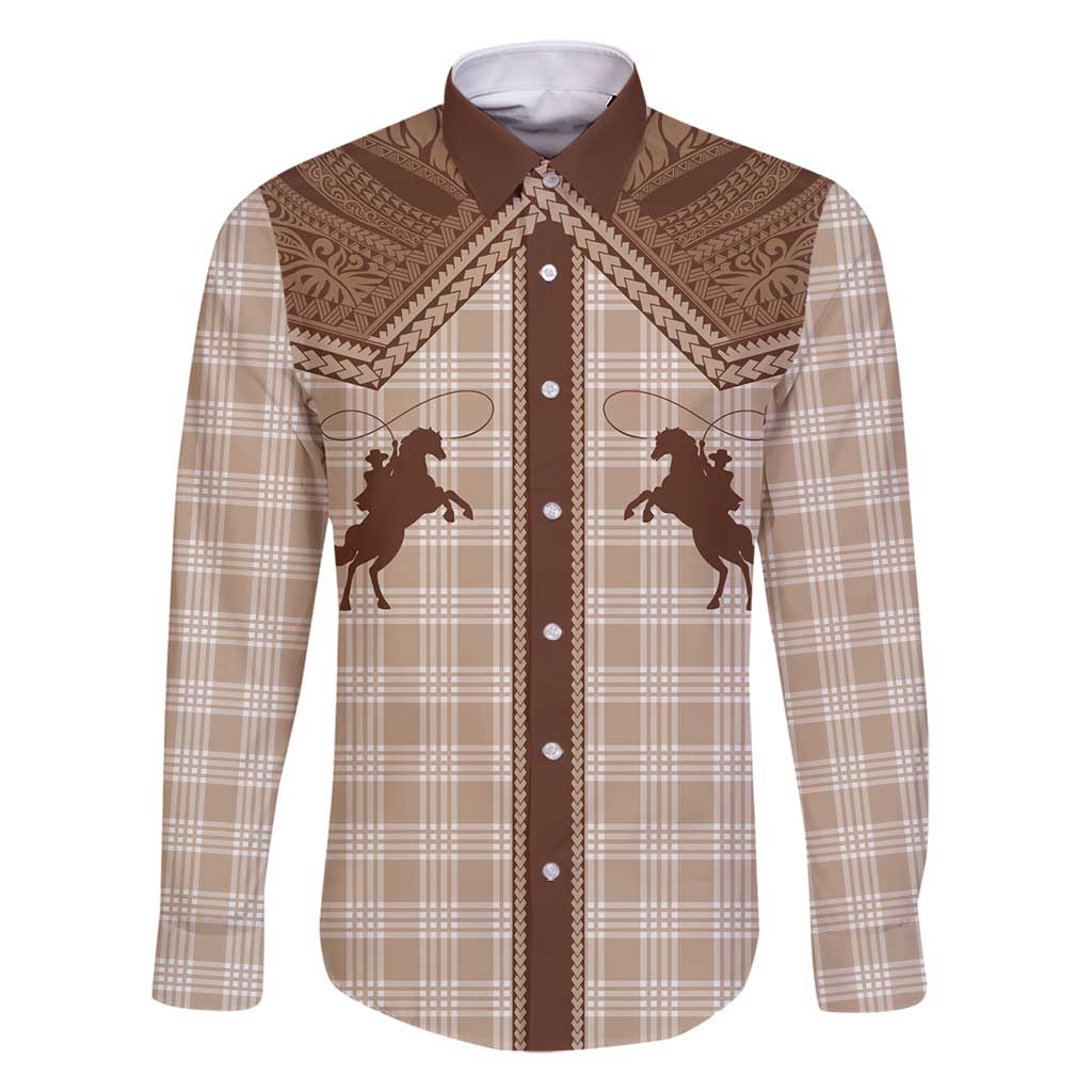 Aloha Hawaii Cowboys Paniolo Family Matching Off Shoulder Maxi Dress and Hawaiian Shirt Beige Palaka LT7 Dad's Shirt - Long Sleeve Beige - Polynesian Pride