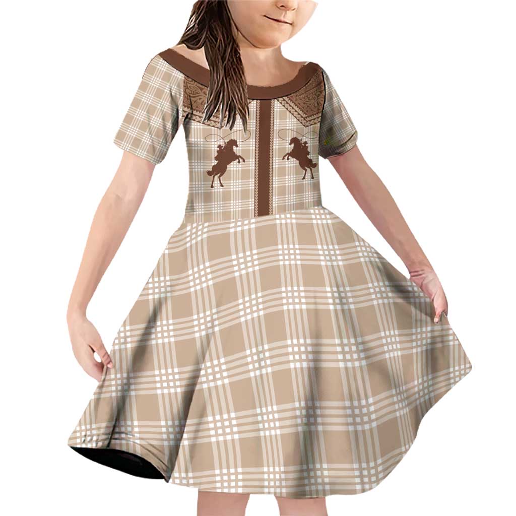 Aloha Hawaii Cowboys Paniolo Family Matching Off Shoulder Short Dress and Hawaiian Shirt Beige Palaka LT7 Daughter's Dress Beige - Polynesian Pride
