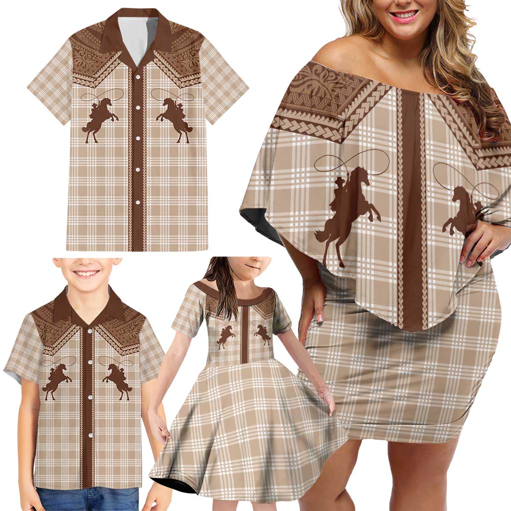 Aloha Hawaii Cowboys Paniolo Family Matching Off Shoulder Short Dress and Hawaiian Shirt Beige Palaka LT7 - Polynesian Pride