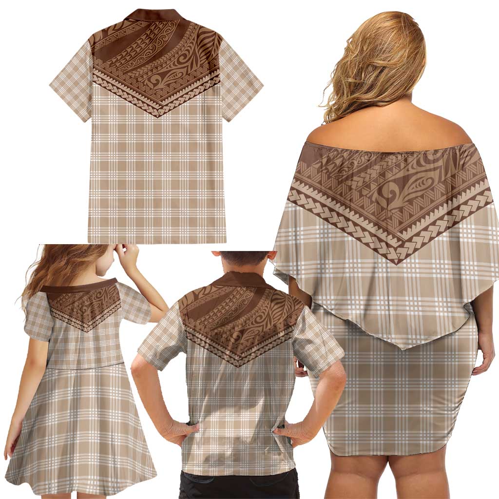 Aloha Hawaii Cowboys Paniolo Family Matching Off Shoulder Short Dress and Hawaiian Shirt Beige Palaka LT7 - Polynesian Pride