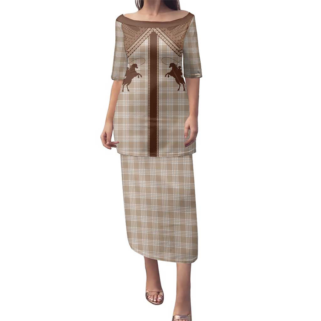 Aloha Hawaii Cowboys Paniolo Family Matching Puletasi and Hawaiian Shirt Beige Palaka LT7 Mom's Dress Beige - Polynesian Pride